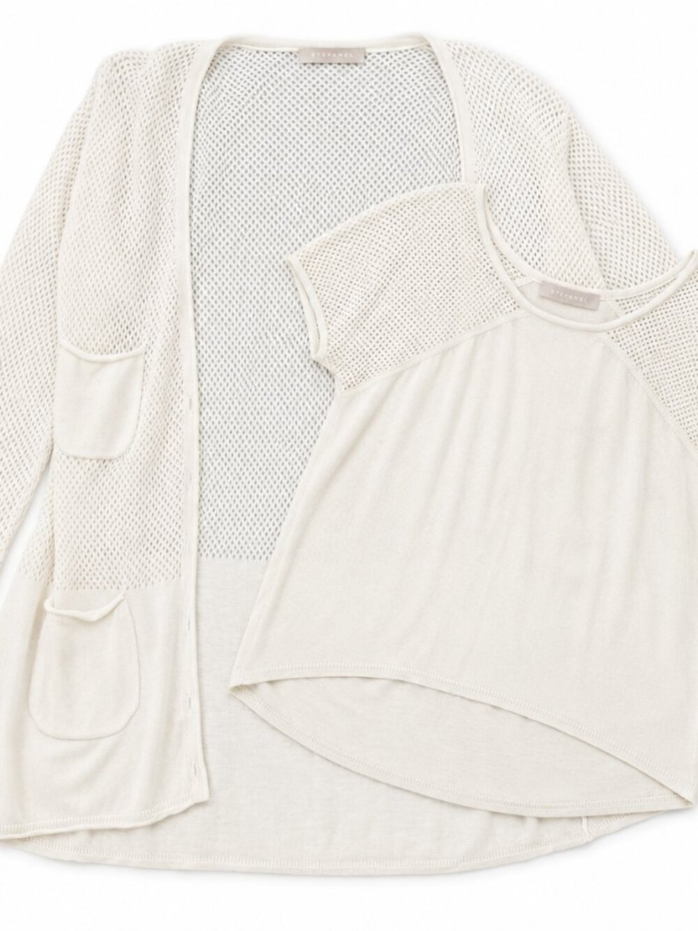 Stefanel Italy Cream Mesh Knit Short Sleeve Sweater Top – Size Small